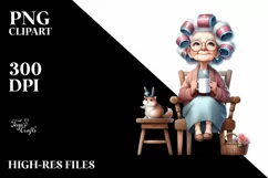 Old Lady Sitting with Hair Curlers and Mug | Sublimation | Product Image 1