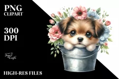 Cute Baby Dog in Bucket with Flowers Product Image 3