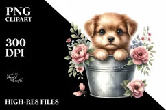 Cute Baby Dog in Bucket with Flowers Product Image 1