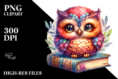 Watercolor Vibrant Baby Owl on a Book | Clipart Product Image 2