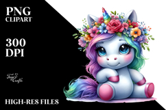 Cute Baby Unicorn Sitting with Floral Wreath PNG Product Image 2