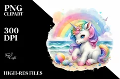 pastel Baby Unicorn Beach Scene PNG Product Image 1