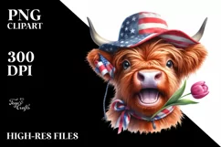 Enthusiastic Highland Cow Portrait with Sun Hat | Clipart Product Image 3