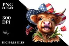 Enthusiastic Highland Cow Portrait with Sun Hat | Clipart Product Image 1