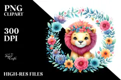 Vibrant Watercolor Cute Lion Floral Frame | Clipart Product Image 2