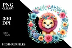 Vibrant Watercolor Cute Lion Floral Frame | Clipart Product Image 1