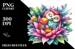 Watercolor Owl Sleeping in Flower's Petals | Clipart Product Image 1