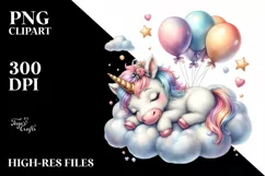 Cute Baby Unicorn Napping on Cloud with Balloons | Clipart Product Image 3
