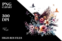 Grunge Bird with Flowers PNG Product Image 2