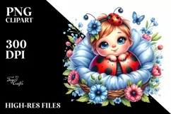 Colorful Cute Baby Ladybug with Blue Flowers | Sublimation | Product Image 1