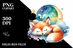 Colorful Baby Fox Sleeping Moon Watercolor | Clipart Product Image 1