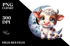 Colorful Baby Highland Cow on Moon | Clipart Product Image 1
