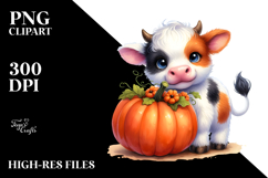Cute Baby Cow with Pumpkin Watercolor PNG Product Image 2