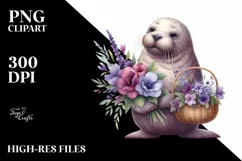 Cute Baby Walrus with Flower Basket Watercolor Clipart Product Image 3