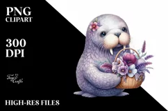 Cute Baby Walrus with Flower Basket Watercolor Clipart Product Image 1