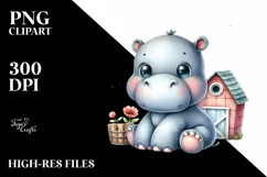 Funny Cute Baby Hippo with Barn | Sublimation | Clipart Product Image 1