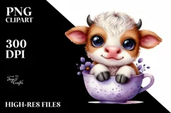 Cute Baby Cow with Violet in Cup PNG Product Image 2