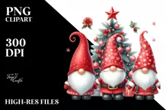 Watercolor Cute Red Christmas Gnomes Behind Tree PNG Product Image 2