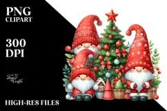 Watercolor Cute Red Christmas Gnomes Behind Tree PNG Product Image 2