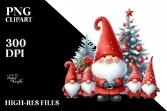 Watercolor Cute Red Christmas Gnomes Behind Tree PNG Product Image 2