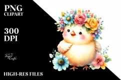 Adorned Cute Chicken with Flower Crown Watercolor Clipart Product Image 3