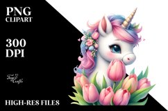 Cute Baby Unicorn with Tulip Sublimation Clipart Product Image 1