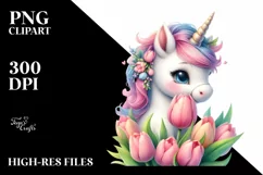 Cute Baby Unicorn with Tulip Sublimation Clipart Product Image 1