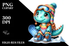 Smiling Baby Dinosaur on Snowboard PNG Product Image 2