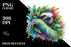 Abstract Vibrant Watercolor Sloth with Leaves and Splashes Product Image 3