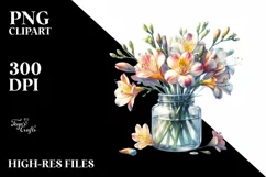 Watercolor Jar Filled with Large Freesia | Clipart Product Image 3