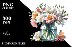 Watercolor Jar Filled with Large Freesia | Clipart Product Image 2