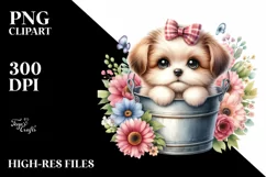 Cute Baby Dog in Bucket with Flowers Product Image 1