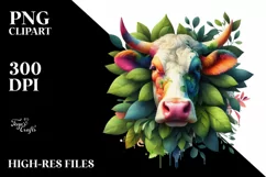 Abstract Vibrant Watercolor Cow with Leaves Forming Abstract Product Image 1