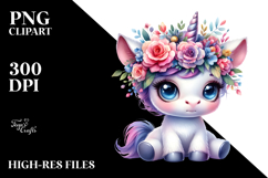 Cute Baby Unicorn with Floral Wreath PNG Product Image 2