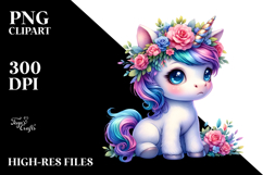 Cute Baby Unicorn with Floral Wreath PNG Product Image 2