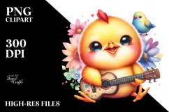 Vibrant Smiling Baby Chicken with Tiny Guitar Product Image 2