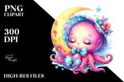 Cute Baby Octopus on Moon with Floral Ornament | Sublimation Product Image 2