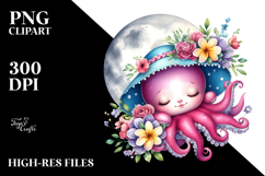 Cute Baby Octopus on Moon with Floral Ornament | Sublimation Product Image 2