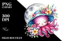 Cute Baby Octopus on Moon with Floral Ornament | Sublimation Product Image 2