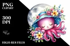 Cute Baby Octopus on Moon with Floral Ornament | Sublimation Product Image 1