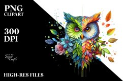 Abstract Vibrant Watercolor Owl with Flowers and Leaves Product Image 1