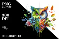 Abstract Vibrant Watercolor Owl with Flowers and Leaves Product Image 1