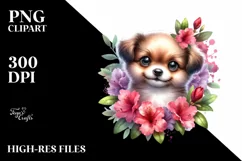 Watercolor Babydog with Rhododendron | Sublimation | Clipart Product Image 1