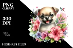 Watercolor Babydog with Rhododendron | Sublimation | Clipart Product Image 1