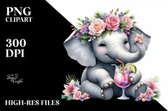 Watercolor Elephant Flower Wreath Clipart Product Image 1