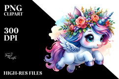 Cute Baby Unicorn Jumping with Floral Wreath PNG Product Image 2