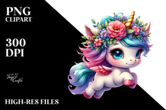 Cute Baby Unicorn Jumping with Floral Wreath PNG Product Image 2