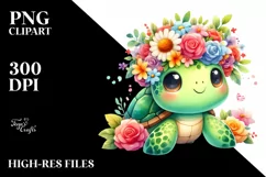 Watercolor Cartoon Turtle with Flower Crown | Clipart Product Image 3