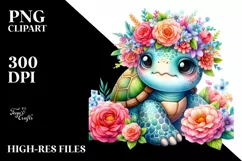 Watercolor Cartoon Turtle with Flower Crown | Clipart Product Image 1