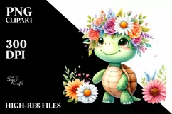 Watercolor Cartoon Turtle with Flower Crown | Clipart Product Image 3